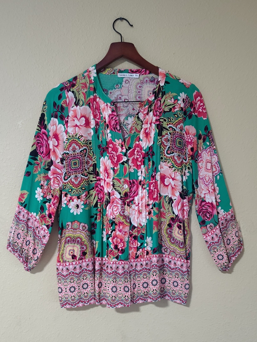 Figueroa & Flower Anthropologie Floral 3/4 Sleeves Blouse Size M Petite Boho